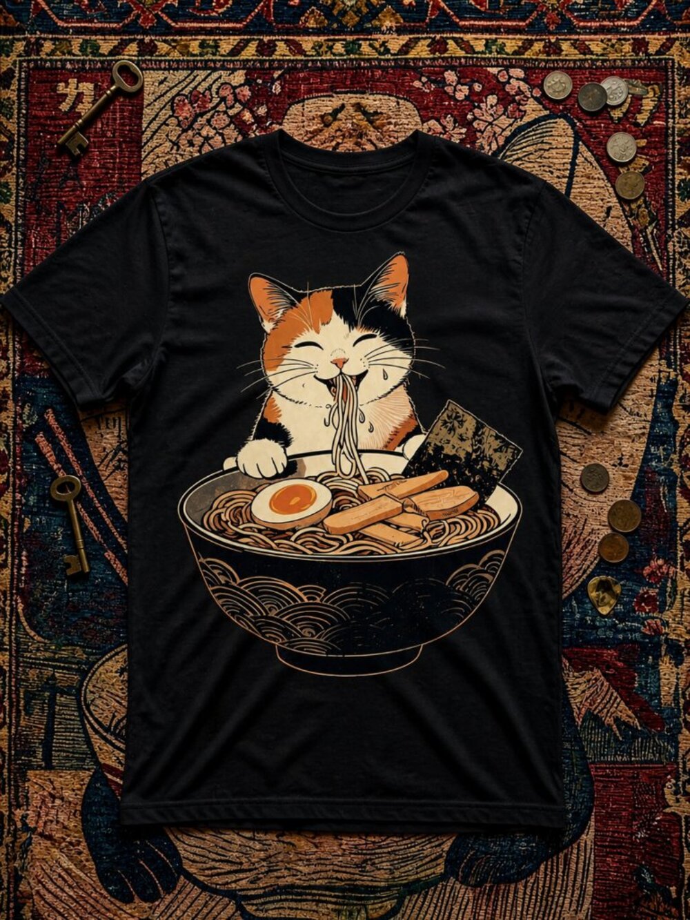 Funny Ramen Cat Japanese Art Tee Vintage Streetwear Cotton Graphic Y2K Shirt